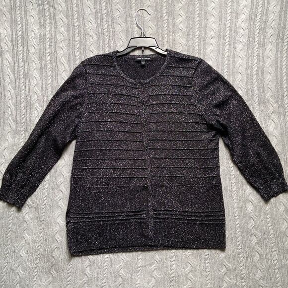 Cable & Gauge Black Metallic Button Front Long Sleeve Cardigan Sweater New Year - Picture 1 of 9